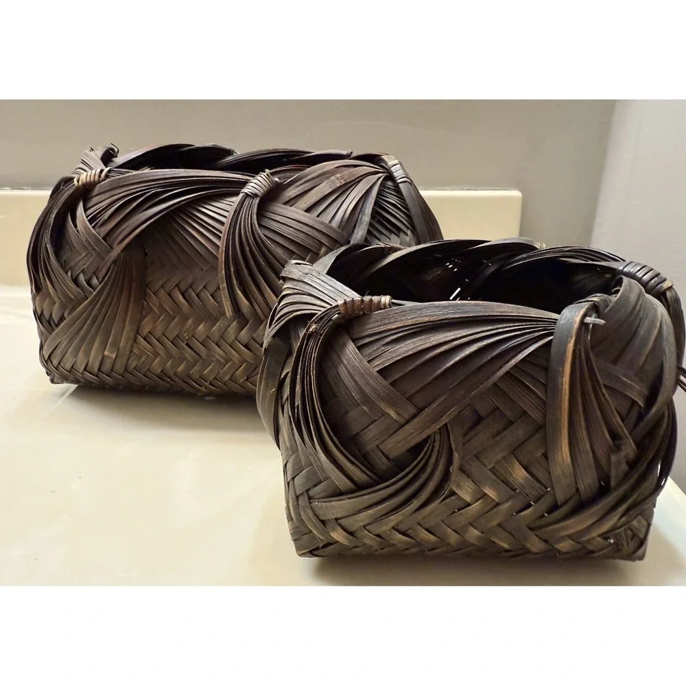 Vintage Japanese Ikebana Woven Bamboo Baskets Hand-Woven Wave Pattern (Set of 2)